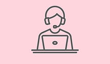 En linjeteckning av en person med ett headset som tillhandahåller datorhjälp hemma, som arbetar flitigt på en bärbar dator mot en lugnande rosa bakgrund.