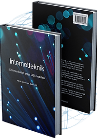 Två inbundna böcker med titeln "Internetteknik" har abstrakta blå och lila ljusdesigner. Framsidan av den ena visar ordet "Tekniken", medan baksidan av den andra visar ett liknande motiv.