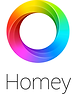 Färgglad cirkulär lutning med ordet "Homey" under den, sömlöst integrerad för att framkalla en känsla av hemautomatik komfort.