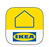 IKEA-appens logotyp visar upp en Hemautomatik-inspirerad stiliserad huskontur i gult och blått på en skarp vit bakgrund.