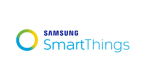 Samsung SmartThings-logotypen har en flerfärgad cirkulär ikon bredvid texten "Samsung SmartThings" i blått, vilket förkroppsligar den sömlösa integrationen av produkter-hemautomation för din uppkopplade livsstil.
