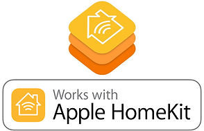 Apple HomeKit-kompatibilitetslogotyp med texten "Fungerar med Apple HomeKit", med en produkt-roststyrning integrerad i den överlappande gul-orange appikonen.