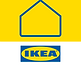IKEA-logotypen med en blå kontur av ett hus ovanför, med märkesnamnet i blå text på en gul oval nedanför, som symboliserar en sömlös sammansmältning av produkter och hemautomation för ett modernt boende.